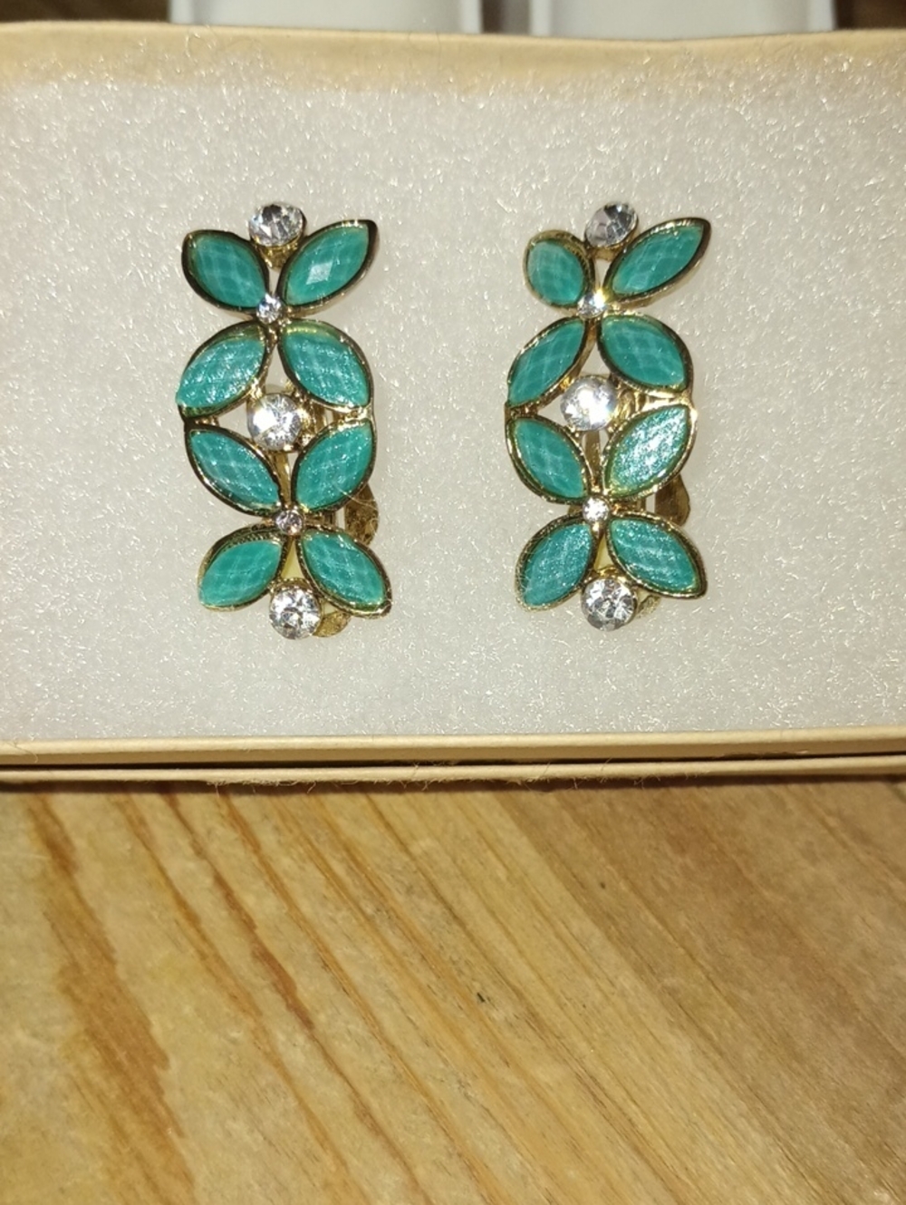 Vintage Teal Leaf Crystal Drop Clip Earrings